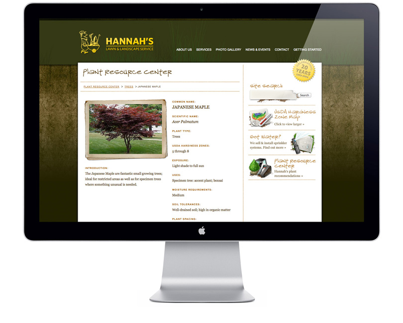 Screenshot of HannahsLandscaping.com plant resource page